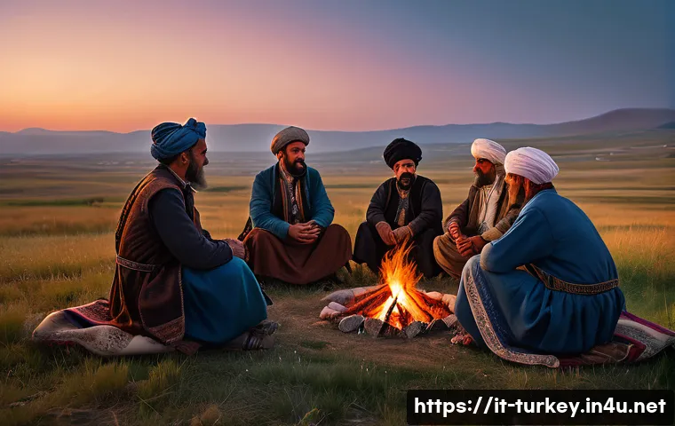 튀르키예의 문학사와 시인들 - A detailed, vibrant scene depicting a traditional Turkish epic storytelling session around a campfir...