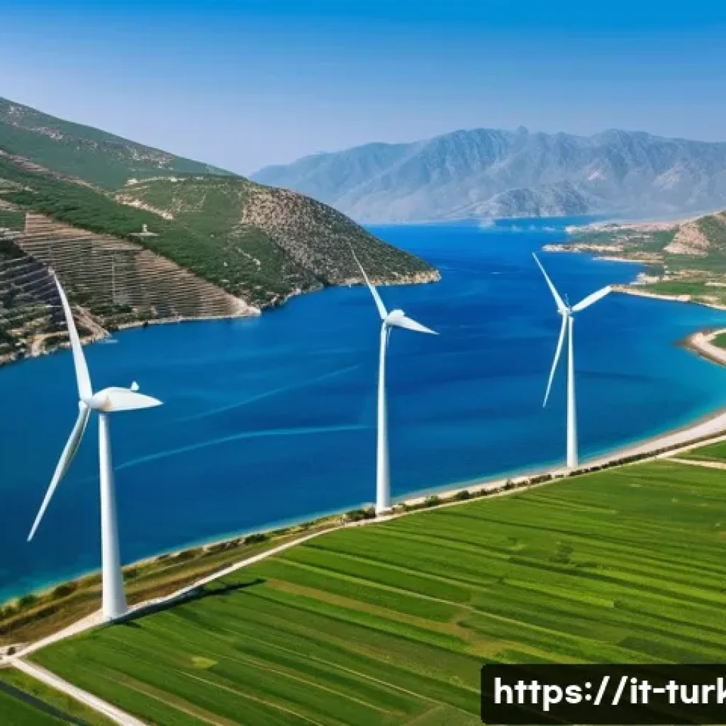 튀르키예의 자원과 에너지 산업 - A panoramic view of a coastal region in Turkey featuring a large wind farm with dozens of modern win...