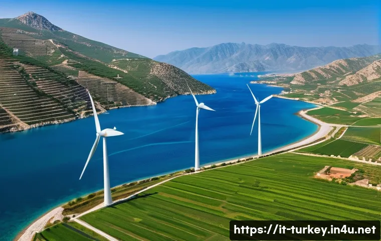 튀르키예의 자원과 에너지 산업 - A panoramic view of a coastal region in Turkey featuring a large wind farm with dozens of modern win...