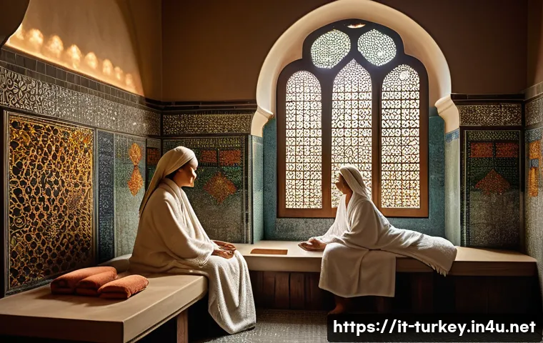 튀르키예에서의 요가와 웰니스 여행 - A serene scene of a traditional Turkish hammam interior, featuring elegant marble walls and intricat...