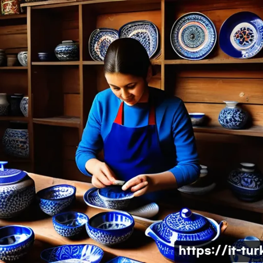 튀르키예 전통 공예 체험 - A traditional İznik ceramic workshop scene, featuring skilled artisans shaping and hand-painting vib...