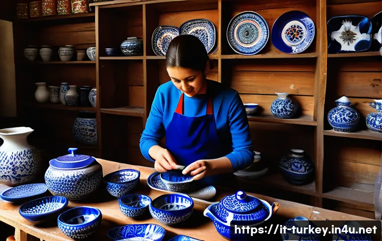 튀르키예 전통 공예 체험 - A traditional İznik ceramic workshop scene, featuring skilled artisans shaping and hand-painting vib...