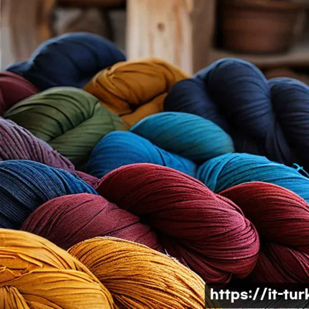 튀르키예 전통 염색 공예 - A vibrant artisan workshop in Turkey, showcasing traditional natural dyeing techniques with fabrics ...