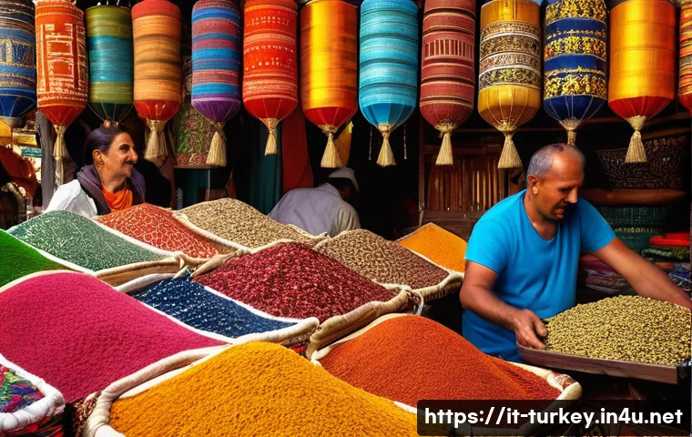 튀르키예에서 쇼핑할 때 협상법 - A vibrant Turkish bazaar scene bustling with activity, featuring colorful stalls filled with handcra...
