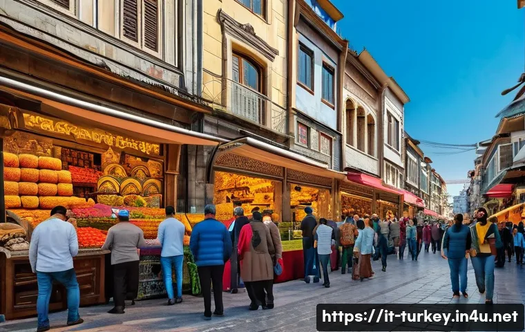 튀르키예의 현대적 관광 산업 - A vibrant street scene in Istanbul blending historic and modern elements: bustling crowds walking ne...