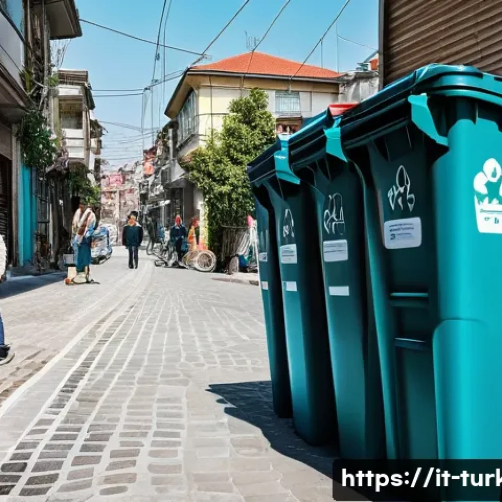 튀르키예의 재활용 및 친환경 정책 - A vibrant urban neighborhood in Istanbul showcasing an extensive waste separation system with clearl...