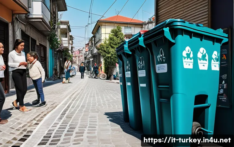 튀르키예의 재활용 및 친환경 정책 - A vibrant urban neighborhood in Istanbul showcasing an extensive waste separation system with clearl...