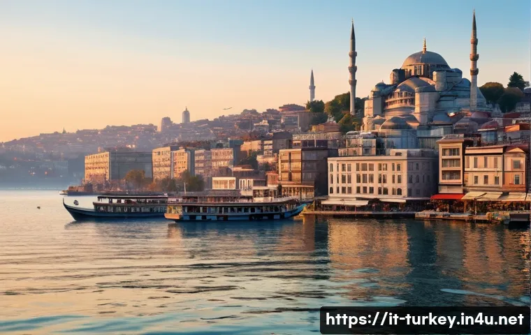 튀르키예에서의 사진 여행 - A serene early morning scene over the Bosphorus in Istanbul, capturing soft golden light bathing his...