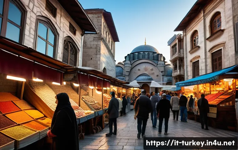 튀르키예 중동과 유럽의 교차점 - A vibrant street scene in Istanbul blending ancient and modern architecture: historic Byzantine chur...