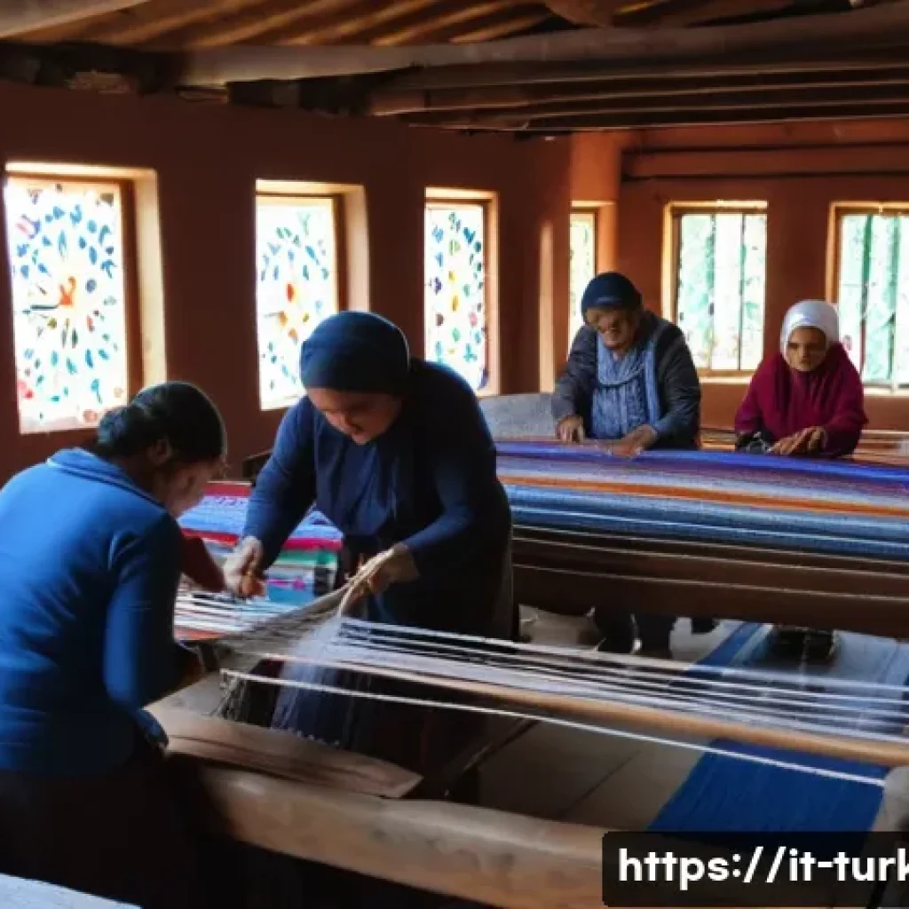 튀르키예에서의 인기 워크샵 - A vibrant traditional Turkish textile workshop scene in Gaziantep featuring artisans and participant...