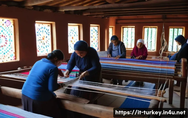 튀르키예에서의 인기 워크샵 - A vibrant traditional Turkish textile workshop scene in Gaziantep featuring artisans and participant...