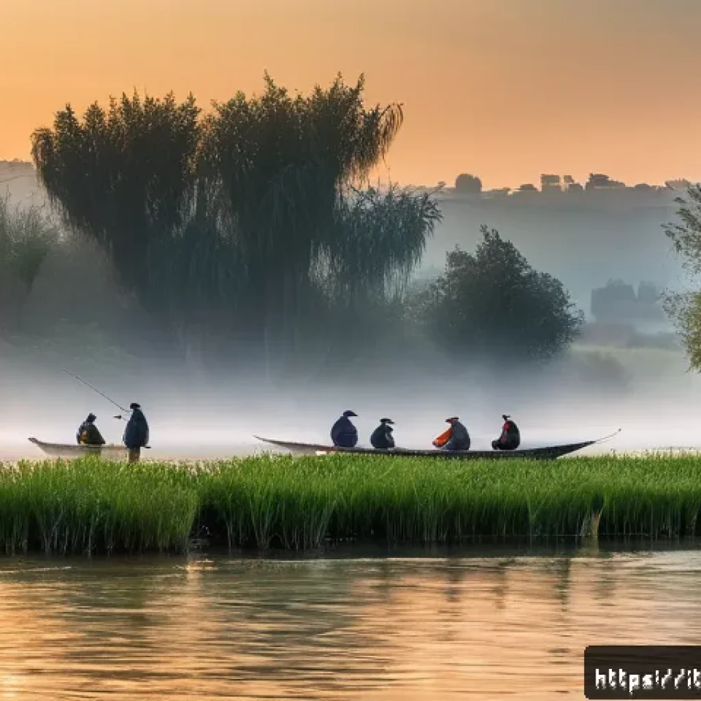 튀르키예 주요 하천 생태계 - A serene riverside scene along the Turkish Kızılırmak River during early morning mist, showcasing lu...