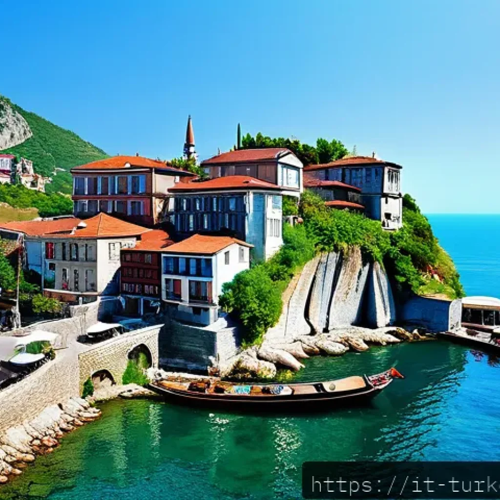 튀르키예 여행자들이 남긴 리뷰 - A serene Black Sea coastal village scene in Turkey, featuring narrow cobblestone streets lined with ...
