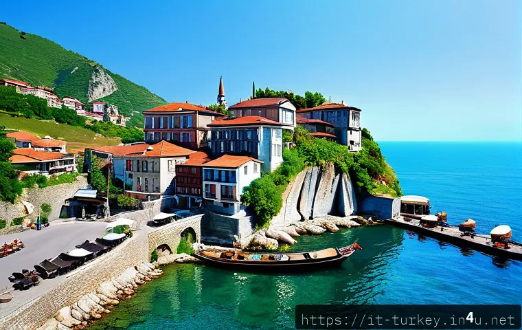튀르키예 여행자들이 남긴 리뷰 - A serene Black Sea coastal village scene in Turkey, featuring narrow cobblestone streets lined with ...