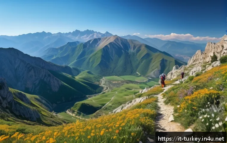 튀르키예의 주요 하이킹 트레일 - A breathtaking panoramic view from a lesser-known mountain peak in Turkey, showcasing expansive gree...