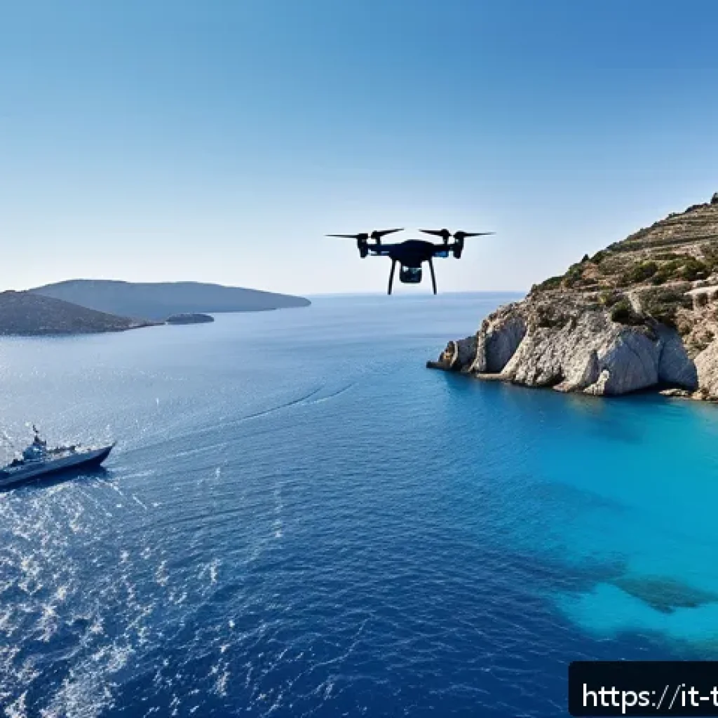 튀르키예의 해양 생물 보호 노력 - A high-tech drone flying over the turquoise waters of the Aegean Sea, equipped with advanced sensors...