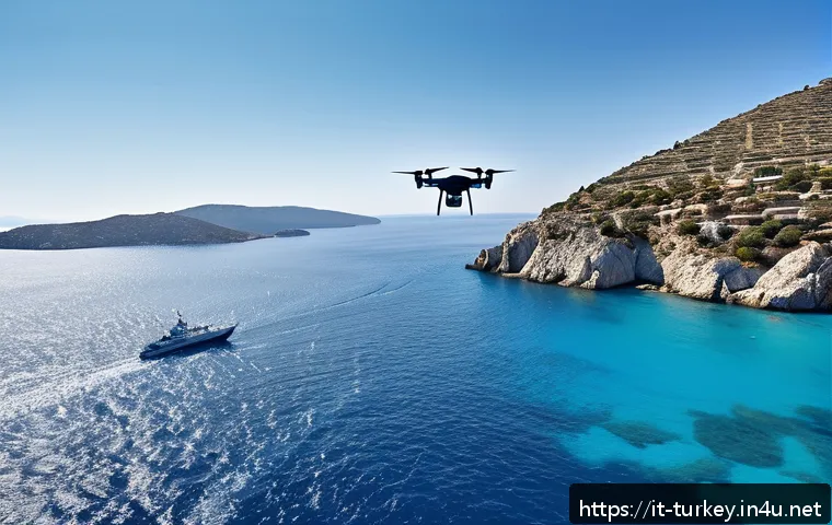 튀르키예의 해양 생물 보호 노력 - A high-tech drone flying over the turquoise waters of the Aegean Sea, equipped with advanced sensors...