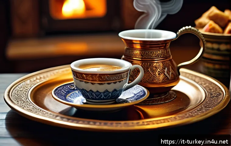 튀르키예의 전통 커피 제조법 - A traditional Turkish coffee preparation scene featuring a shiny copper cezve with a long handle pla...