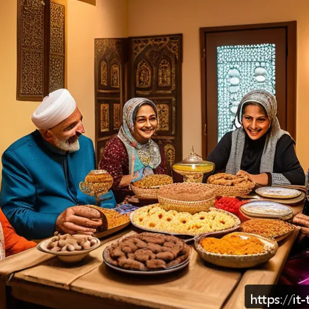 튀르키예 문화에 대한 심층 분석 - A vibrant and detailed scene of a traditional Turkish Şeker Bayramı celebration in a cozy family hom...