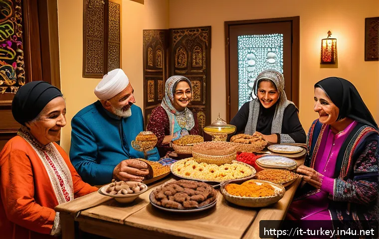 튀르키예 문화에 대한 심층 분석 - A vibrant and detailed scene of a traditional Turkish Şeker Bayramı celebration in a cozy family hom...