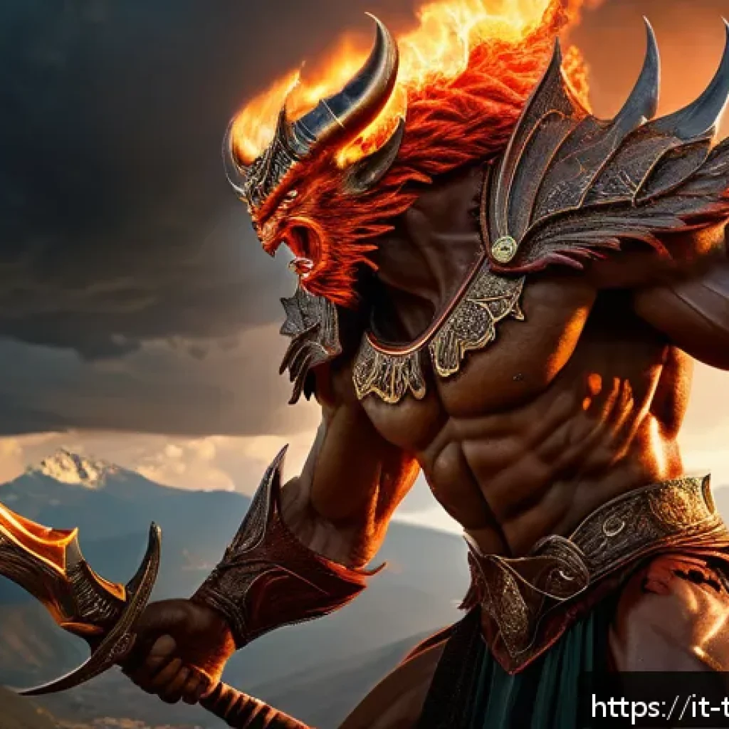 튀르키예 유명 동화와 전설 - A powerful Ifrit creature engulfed in roaring flames and swirling storm clouds, towering over a rugg...