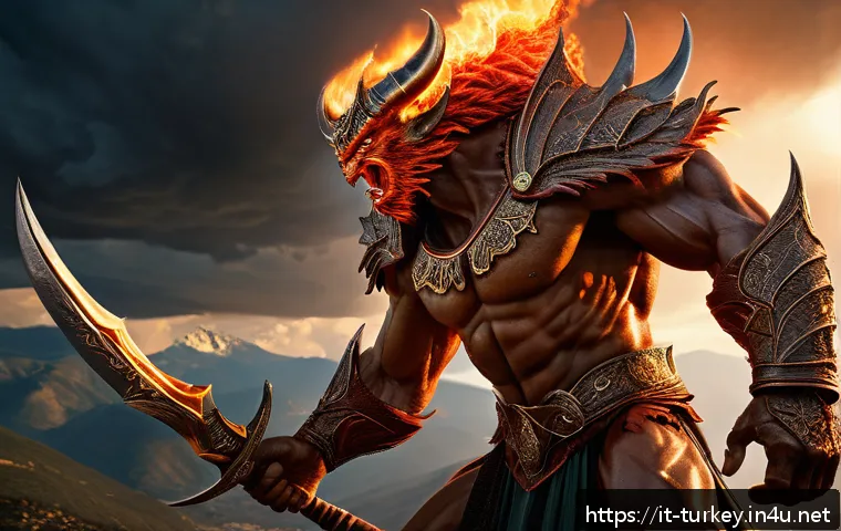 튀르키예 유명 동화와 전설 - A powerful Ifrit creature engulfed in roaring flames and swirling storm clouds, towering over a rugg...