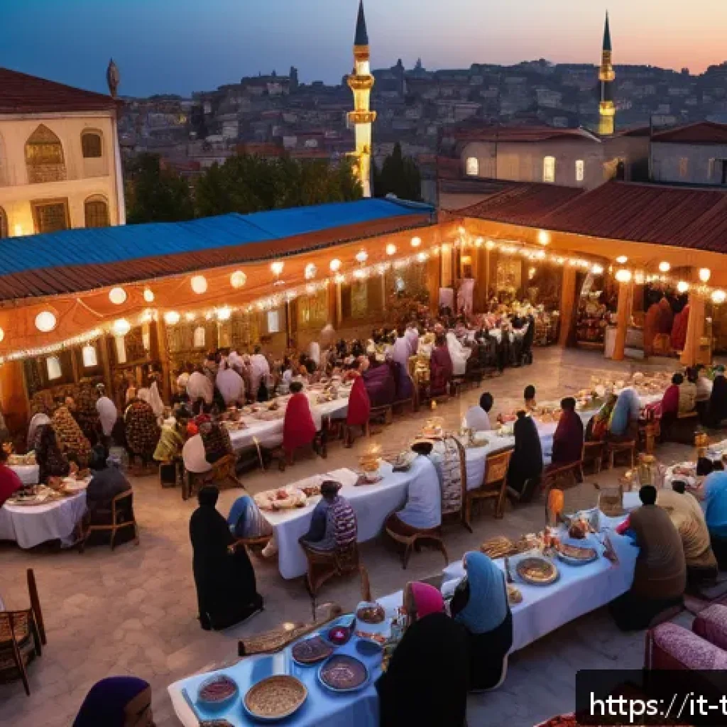 튀르키예 이슬람 축제와 행사 - A vibrant outdoor iftar scene in Turkey during Ramadan at sunset, with diverse families gathering ar...
