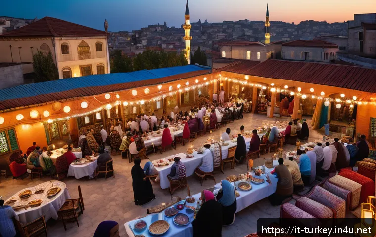 튀르키예 이슬람 축제와 행사 - A vibrant outdoor iftar scene in Turkey during Ramadan at sunset, with diverse families gathering ar...