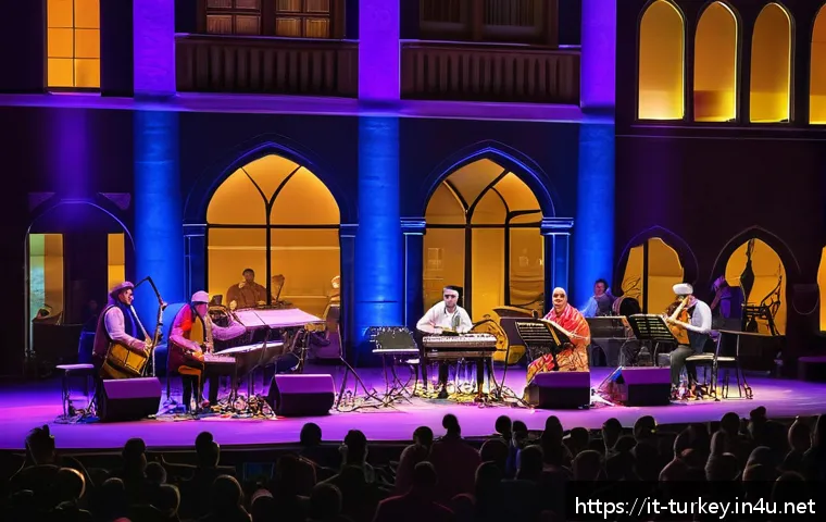 튀르키예의 주요 예술 축제 - A vibrant contemporary Turkish music festival scene featuring musicians blending traditional instrum...