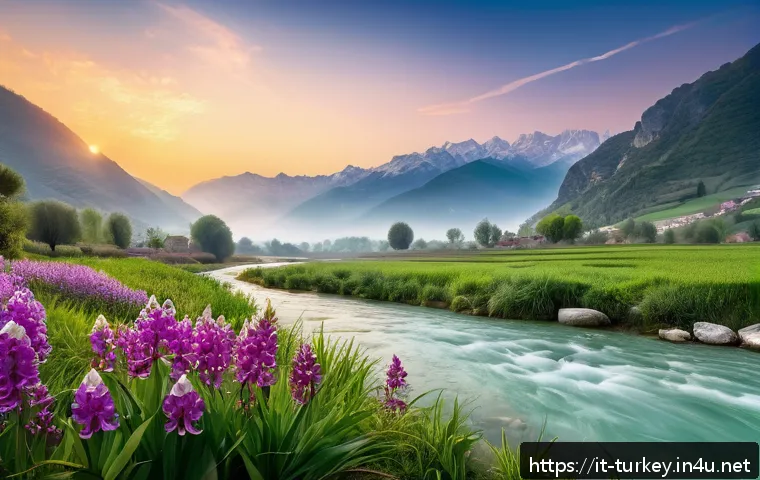튀르키예 주요 하천과 자연 경관 - A breathtaking panoramic view of a hidden Turkish river valley at sunrise, with towering snow-capped...