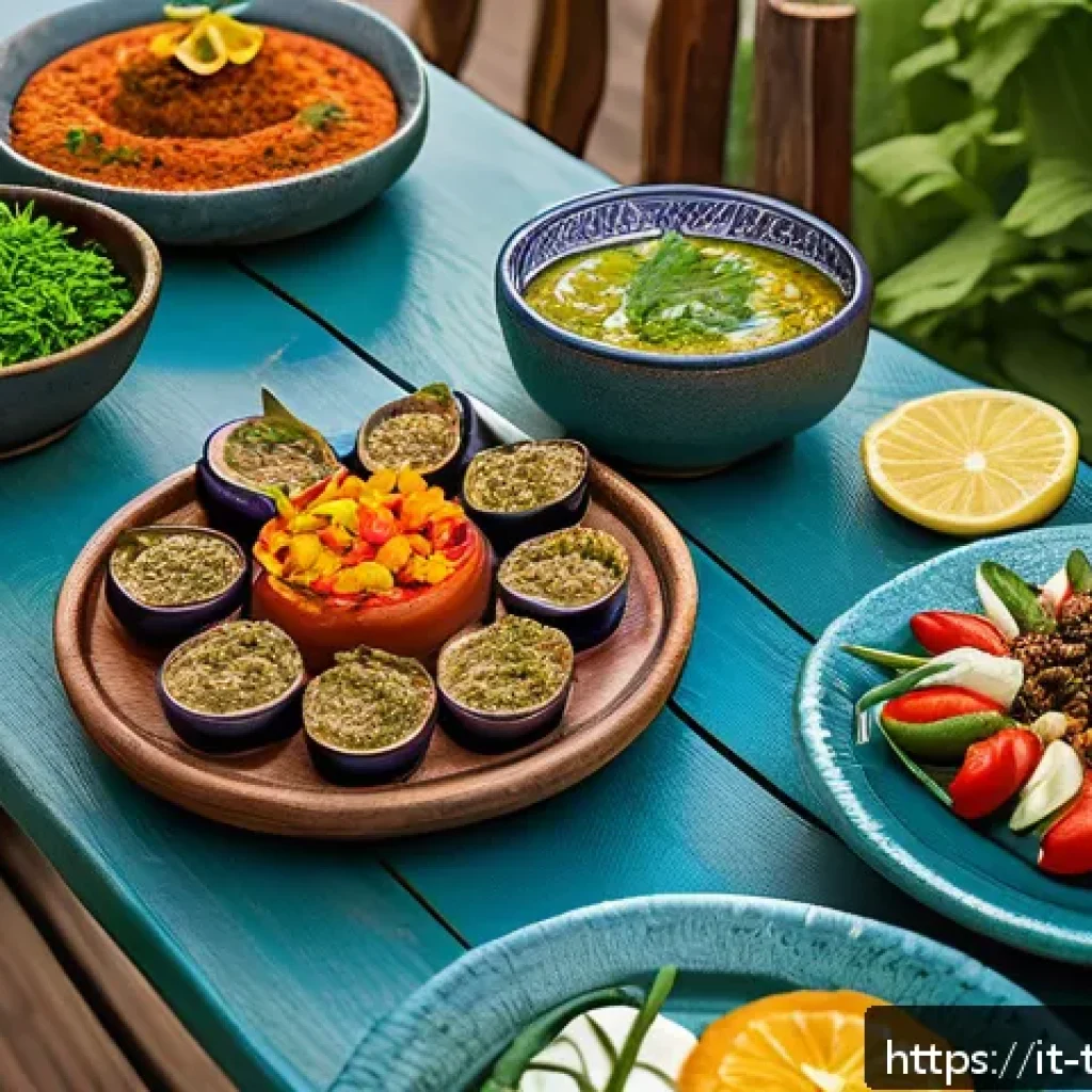 튀르키예 국민 음식과 음료 - A vibrant Turkish dining scene featuring a rustic wooden table laden with an assortment of colorful ...