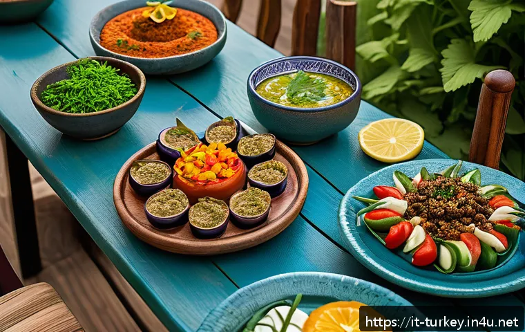 튀르키예 국민 음식과 음료 - A vibrant Turkish dining scene featuring a rustic wooden table laden with an assortment of colorful ...
