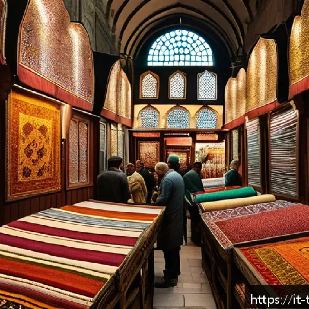 튀르키예 공예품 시장 탐방 - A vibrant scene inside Istanbul’s Grand Bazaar filled with colorful handmade carpets hanging from wo...