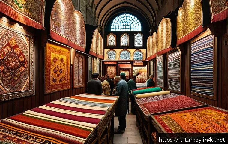 튀르키예 공예품 시장 탐방 - A vibrant scene inside Istanbul’s Grand Bazaar filled with colorful handmade carpets hanging from wo...