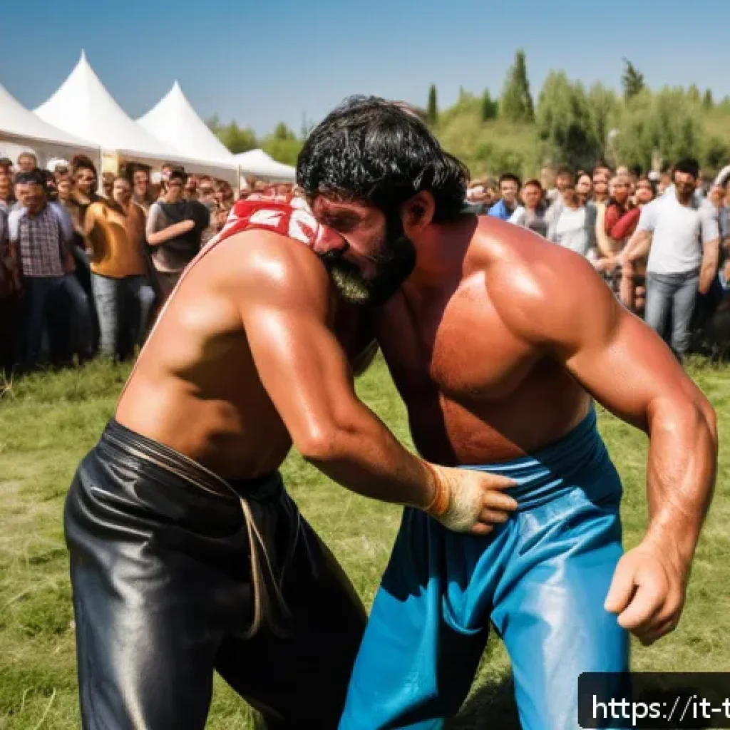 튀르키예 전통 스포츠와 게임 - A vibrant outdoor scene capturing a traditional Turkish yağlı güreş (oil wrestling) match during a s...