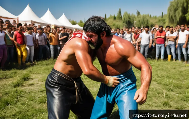 튀르키예 전통 스포츠와 게임 - A vibrant outdoor scene capturing a traditional Turkish yağlı güreş (oil wrestling) match during a s...