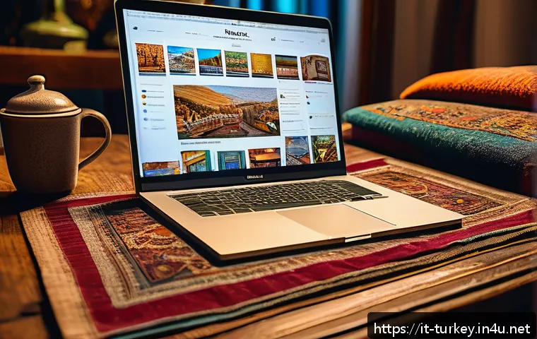 튀르키예 여행을 위한 커뮤니티 추천 - A cozy Italian traveler sitting at a wooden table in a warmly lit room, browsing a lively online tra...