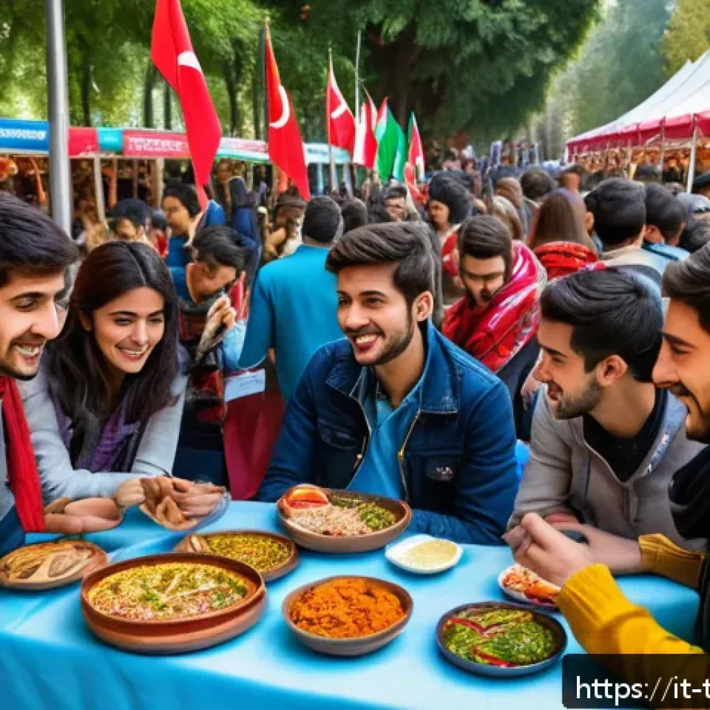 튀르키예에서의 대학 생활 - A vibrant university campus scene in Turkey during a traditional cultural festival, showing diverse ...