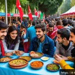 Home 21 튀르키예에서의 대학 생활 - A vibrant university campus scene in Turkey during a traditional cultural festival, showing diverse ...