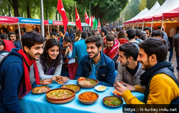 튀르키예에서의 대학 생활 - A vibrant university campus scene in Turkey during a traditional cultural festival, showing diverse ...