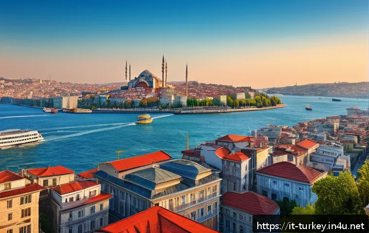 튀르키예에서 배우는 역사적 교훈 - A panoramic view of Istanbul showcasing its unique geographical position bridging Europe and Asia, w...