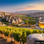Home 19 튀르키예 와인 투어와 시음회 - A panoramic view of the Cappadocia wine region at sunset, featuring unique lunar-like rock formation...