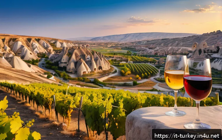 튀르키예 와인 투어와 시음회 - A panoramic view of the Cappadocia wine region at sunset, featuring unique lunar-like rock formation...