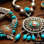 Home 23 튀르키예 전통 장식품과 장신구 - A close-up image of traditional Anatolian handcrafted jewelry displayed on a rustic wooden table, fe...