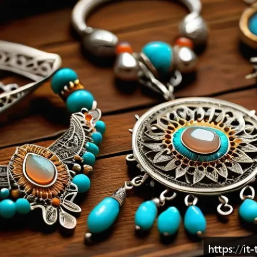 Home 17 튀르키예 전통 장식품과 장신구 - A close-up image of traditional Anatolian handcrafted jewelry displayed on a rustic wooden table, fe...