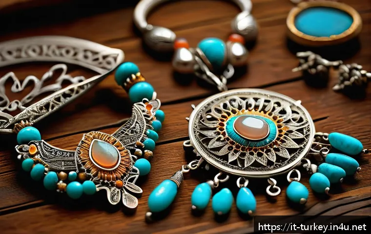 튀르키예 전통 장식품과 장신구 - A close-up image of traditional Anatolian handcrafted jewelry displayed on a rustic wooden table, fe...