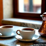 튀르키예 커피 문화와 카페 추천 - Photorealistic traditional Turkish coffee ritual in a historic Istanbul café, close-up of a finely e...