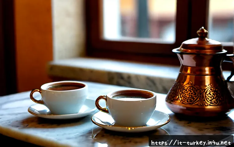 튀르키예 커피 문화와 카페 추천 - Photorealistic traditional Turkish coffee ritual in a historic Istanbul café, close-up of a finely e...