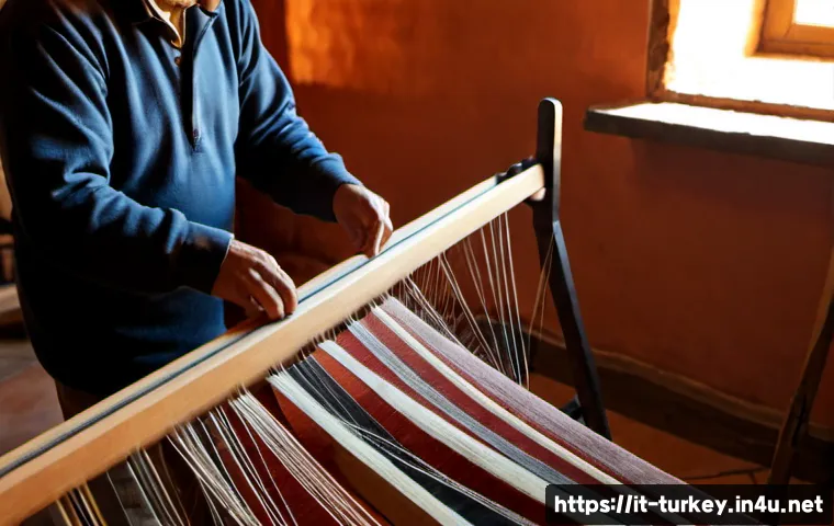 튀르키예 전통 직조 방식 - Photorealistic documentary-style scene of a Turkish artisan weaving a traditional kilim on a large u...