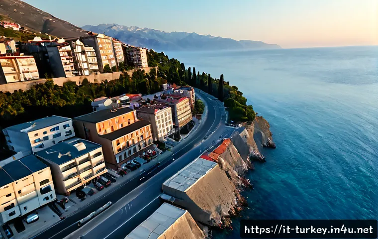 튀르키예 지진 발생 지역과 대비법 - Photorealistic aerial view of a Turkish coastal city near an active earthquake fault zone, sturdy mo...